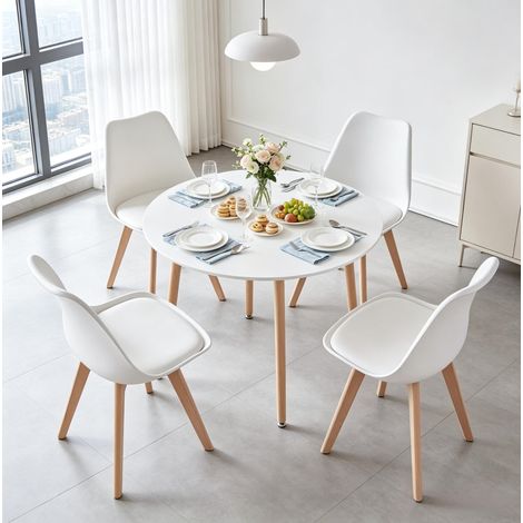 Ensemble table et chaises pour 4 personnes, table ronde 80 x 80 x 75 cm, 4 chaises en plastique et simili cuir avec pieds en bois, blanc et bois clair - CHICFURN (1/5)