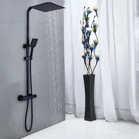 Duscharmatur, schwarz, höhenverstellbar, 80–120 cm, Duschset, Thermostat-Duscharmatur, Regenduschkopf mit Handbrause, 30 cm
