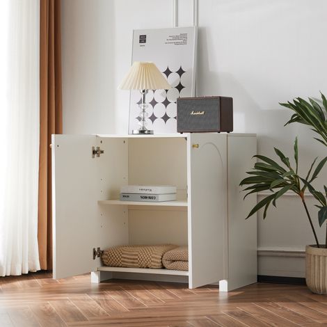 Buffet bas avec 2 portes, 80x40x80 cm, Commode meuble de rangement pour salon chambre, En bois motif arche chic poignées dorées, Blanc crème (1/5)