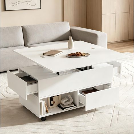 Table basse relevable avec 4 tiroirs, roulettes, blanche 100 x 50 x 52 cm DESVIAE (1/5)
