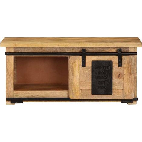 Meuble TV Buffet Bas en Bois de Manguier Massif Finition Naturelle et Acier 90 x 35 x 40 cm (1/5)