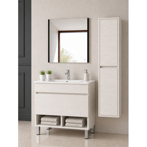 Meuble de salle de bain avec pieds avec vasque extra-plat ORIGENBATH NEBARI sur pieds avec tiroir sans miroir 100x40 cm blanc nordique avec colonne (1/5)