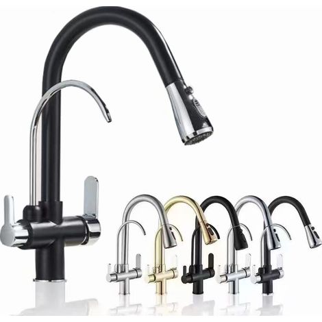 Cross-border all-copper kitchen faucet, pull-out type, hot and cold drinking water, sink and vegetable washing basin 3-in-1 faucet - copper body, black and silver version