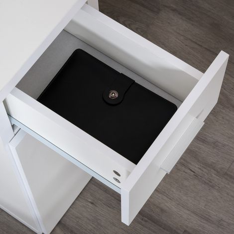 Meuble de bureau d'angle blanc moderne en bois avec tiroir, armoire et étagères, ensemble complet pour travail et maison. (1/5)