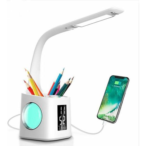 royaluxe - Lampe de bureau LED Eye-Caring Lampe de Table D'étude Port de charge USB Lumière de L'atmosphère Nocturne avec Porte Stylo/Écran Heure/Calendrier (1/5)