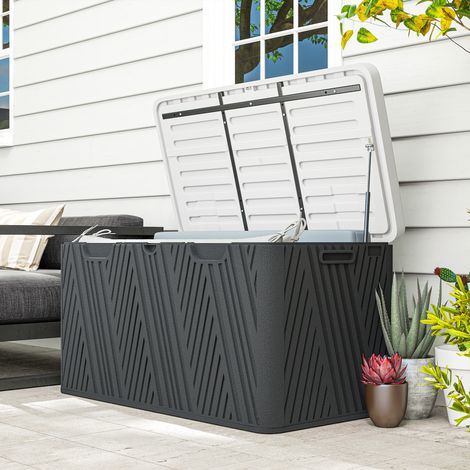 380-Liter-Aufbewahrungsbox aus HDPE für den Außenbereich mit Hebeldeckel und 2 seitlichen Tragegriffen, wasserdicht, UV-beständig, 115 x 60 x 60 cm, schwarz und grau