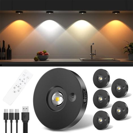 Projecteur LED rechargeable par USB, éclairage de sous-unité, lumières d'armoire LED avec télécommande, lumières d'armoire d'affichage LED sans fil avec minuterie (paquet de 6) (1/5)