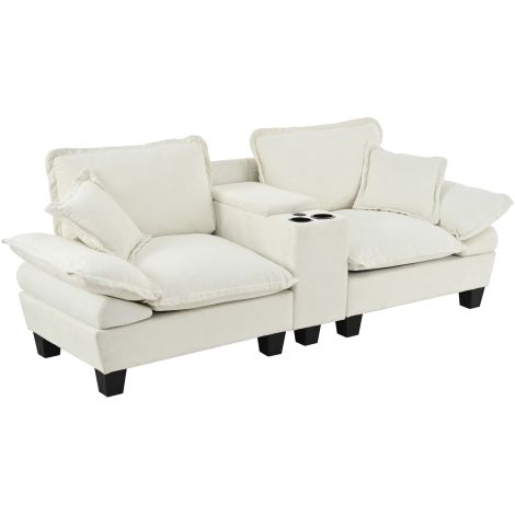 Canapé beige avec porte-gobelets et espace de rangement, comprenant 2 coussins, revêtement en chenille, idéal pour les appartements et les salons. (1/4)