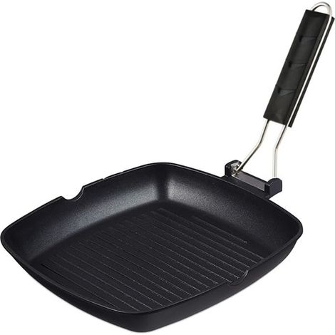 Bistecchiera quadrata in alluminio per piastra a induzione - Misura 26x26cm - Manico pieghevole antiscottatura antiaderente per carne e pesce (1/5)