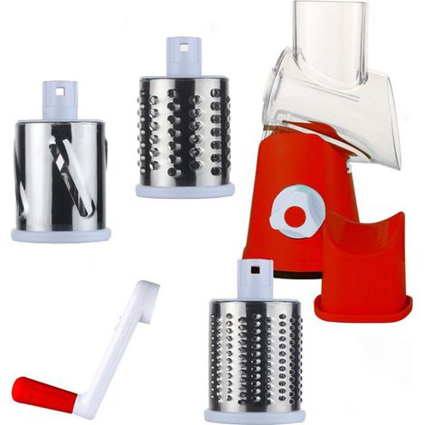 Hand Grater with 3 Rollers Rotating Blades for Vegetables, Fruits, Meat, Peanuts, Red (1/5)