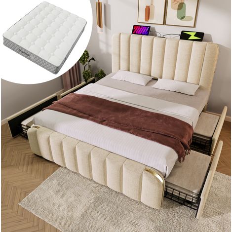 Lit double 160x200 cm en lin beige avec rangement et USB, avec matelas – MEUBLIV (1/5)
