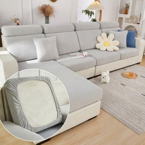 Housse de coussin de canapé résistante et élastique, adaptée aux canapés - lavable, housse de canapé universelle, compatible avec les canapés d'angle (gris clair, comprend une housse d'appui-tête). (1/5)