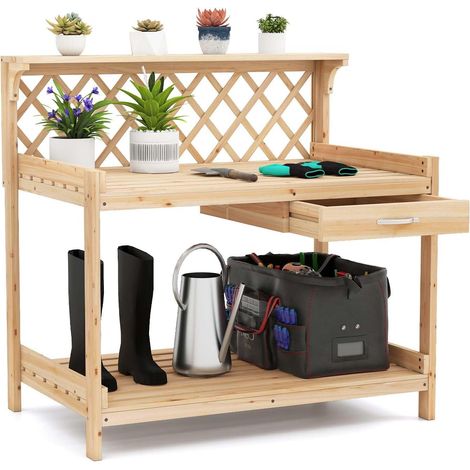 GOPLUS Table Rempotage en Bois, Table pour Semis de Travail de Jardin avec Treillis, Étagères et Tiroir de Rangement, Table pour Plantes à l'Intérieur et à l'Extérieur, Patio, Balcon, Porche