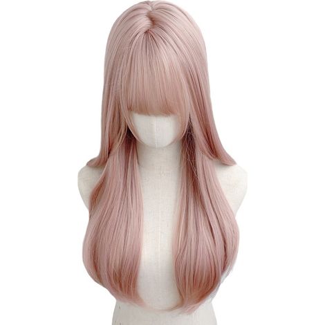 Lange, puderrosa Damenperücke mit natürlichen, voluminösen Wellen für einen weichen und romantischen Sommerlook. (1/5)