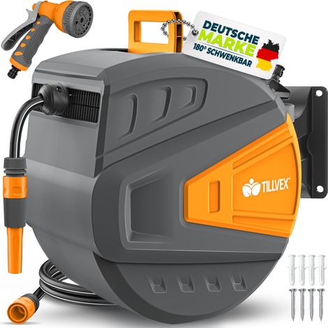 tillvex Schlauchtrommel Wasser 35+2m Anthrazit mit Wandhalterung + Tragegriff  Schlauchaufroller mit Handbrause und Gartenschlauch  180° Schwenkbar  Wand-Schlauchbox mit Aufroll-Automatik