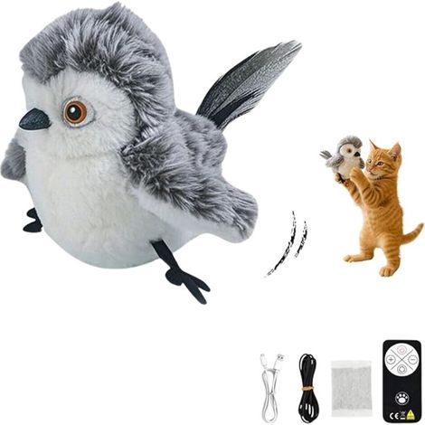 Interaktives Katzenspielzeug – Fliegender Vogel mit Flügelschlägen – Realistische Geräusche – Fernbedienung – USB-aufladbar – Natürliche Katzenminze
