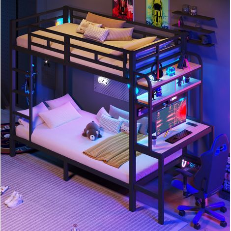 Litera infantil 90x200 cm con escritorio, estantes, LED y USB, estructura metálica segura - negro (1/5)