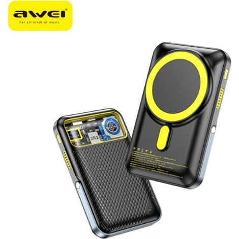 Batería externa Awei PA-10 de 10000 mAh con tecnología MagSafe inductiva, color negro.