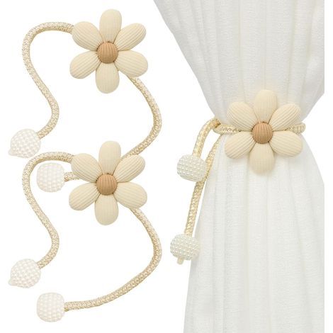 Juego de 2 abrazaderas para cortinas sin perforación, color beige, en forma de flor, para el hogar, la oficina y el hotel (hebilla con perlas) (1/5)
