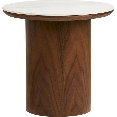Bout de canapé Ø40cm plateau en céramique aspect marbre pied placage frêne teinté - NELLY (1/5)