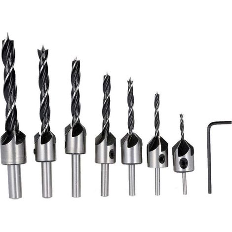 Fresa per smussatura HSS 5, 7 pezzi, set di punte da trapano Senk Flute, alesatore per viti, legno, metallo, alluminio, plastica, utensile per trapano svasatore 3–10 mm. (1/5)