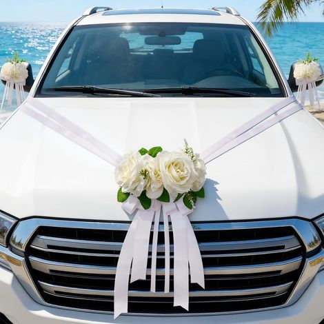 Kit de decoración para coche de boda, 3 rosas, 4 lazos, tul, ventosas, seda artificial, blanco, para fiesta o ceremonia. (1/5)