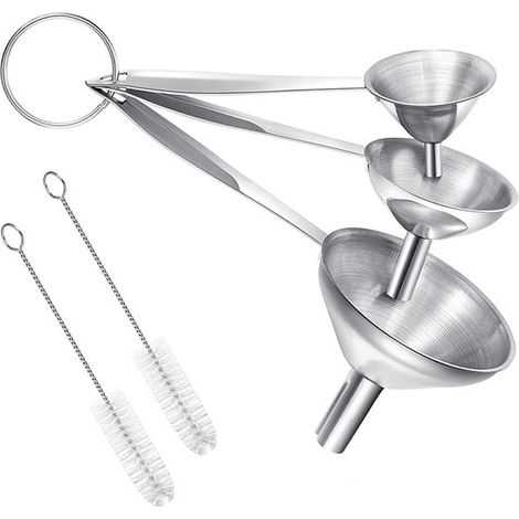 Set di 3 imbuti da cucina in acciaio inox con spazzole per la pulizia.