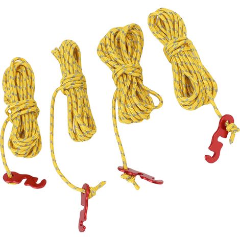 Lot de 4 cordes de camping extérieures de 3 m (9,8 pi) en nylon résistant au vent avec bande réfléchissante et longueur ajustable, pour attache de tente ou d'auvent (jaune). (1/5)