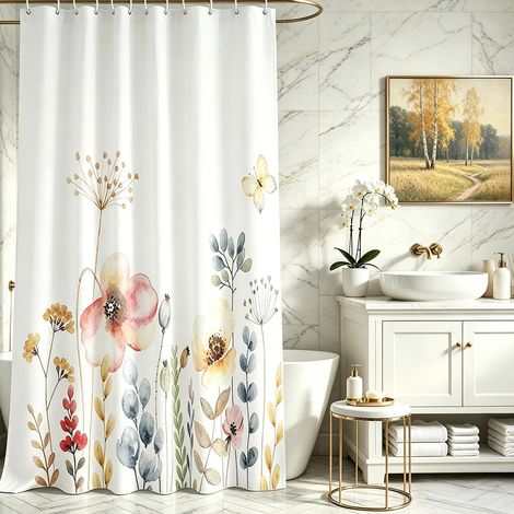 Rideau de douche 120 x 200 cm, bordure lestée de plantes fleuries anti-moisissure en textile, imperméable, lavable en polyester pour la salle de bain, baignoire avec 8 anneaux de rideau de (1/5)