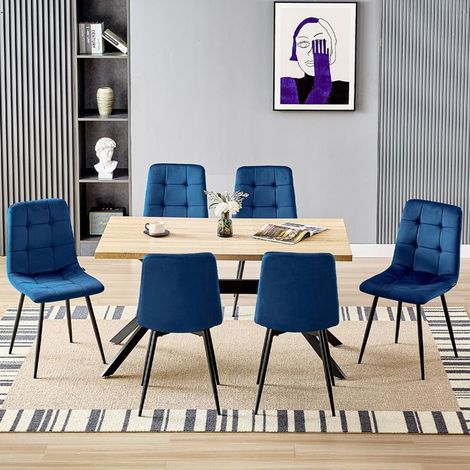 Ensemble salle à manger - WAFTING - 140x80x73 cm - 6 chaises velours bleu - table bois clair - rectangulaire (1/5)