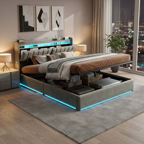 Lit Coffre 140x200 cm avec éclairage LED – Tête de Lit rembourrée – Espace de rangement sous le lit – adapté aux adultes et adolescents – Velours (1/5)