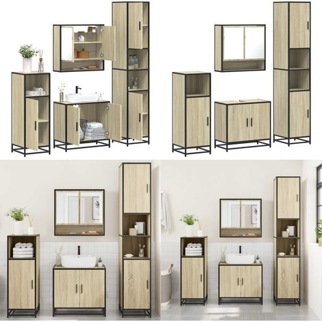 Juego de muebles de baño 4 pzas contrachapada roble sonoma - Armario de baño - Muebles de baño con espejo