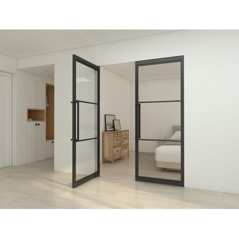 Double porte verrière intérieure 166 x 211,5 cm, portes sur pivot, verre transparent, style atelier 2 rayures (1/5)