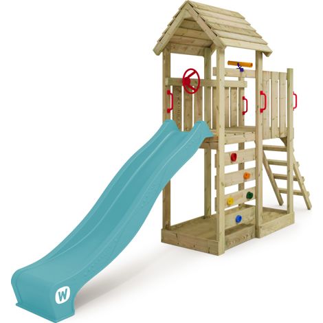 Wickey Stelzenhaus Klettergerüst JoyFlyer mit Rutsche, Kletterturm mit Sandkasten, Leiter & Spiel-Zubehör - Pastellblau