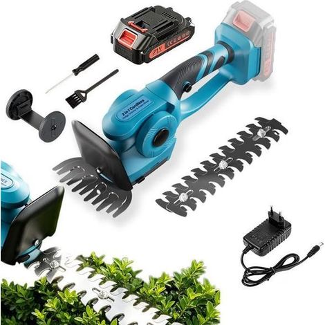 Taille-haies électrique 2 en 1 sans fil BOGSETH Batterie 21V 2600mAh Double lame inoxydable interchangeable, Coupe-herbe & Cisaille d'élagage-Bleu (1/5)