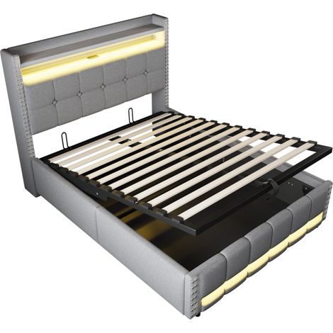 Cama tapizada 140 x 200 cm con LED, puerto USB y arcón de almacenamiento, lino gris claro (1/5)