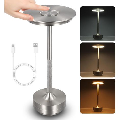 Lampe de bureau tactile sans fil LED rechargeable par USB 4000 mAh intensité variable 3 couleurs veilleuse argentée (1/4)