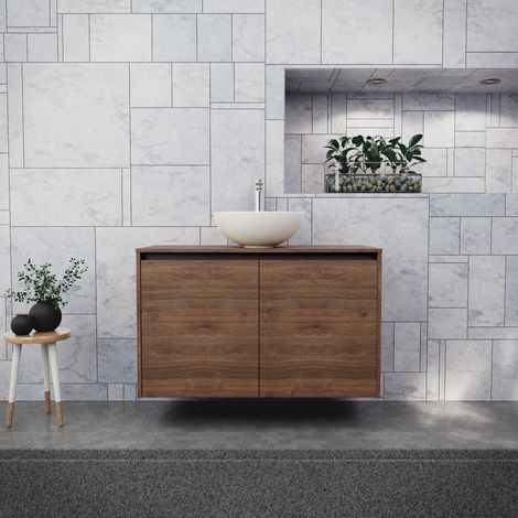Inda - Badezimmerschrank B.100 mit Aufsatzwaschbecken / Braune Eiche 2 Türen - Saphir