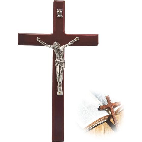 Croix murale 20 × 11,5 cm en bois avec alliage Jésus-Christ Catholique Art mural pour église, maison, salon, décoration murale (1/5)