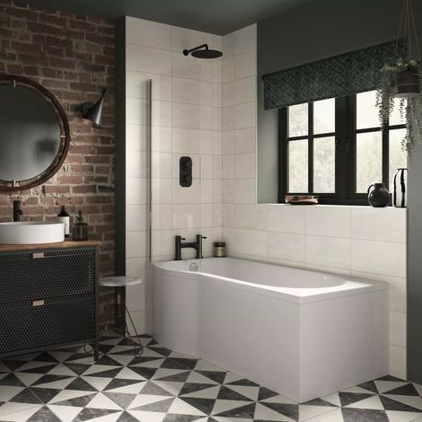 P Shaped Shower Bath With Panel and Glass Bath Screen Acrylic Left Hand Bath, With End Panel