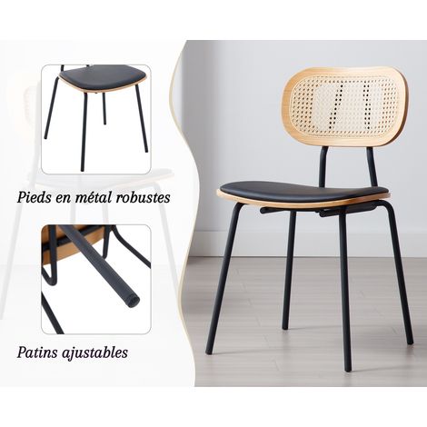 Wahson Lot de 2 chaises en bois noir – Dossier en rotin – Coussins en cuir PU – Pieds métalliques robustes – Chaise salle à manger vintage