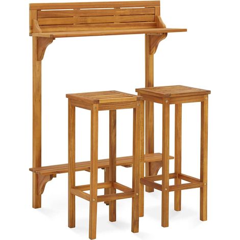 Set de 1 Table et 2 Tabourets de bar de balcon, Ensemble Table et Chaises Bois d'acacia solide OIB8992E (1/5)
