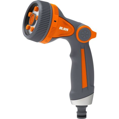 Pistolet d'arrosage multifonction RURIS 1072 - 5 types de jet - Débit réglable - Compatible tuyaux 12,5 et 19 mm - Zinc et inox - 3 accessoires inclus