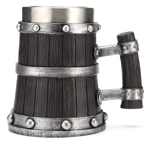 Chope à bière pirate en acier inoxydable avec revêtement intérieur, pot à bière en forme de tonneau en bois, style médiéval vintage, noir (1/5)