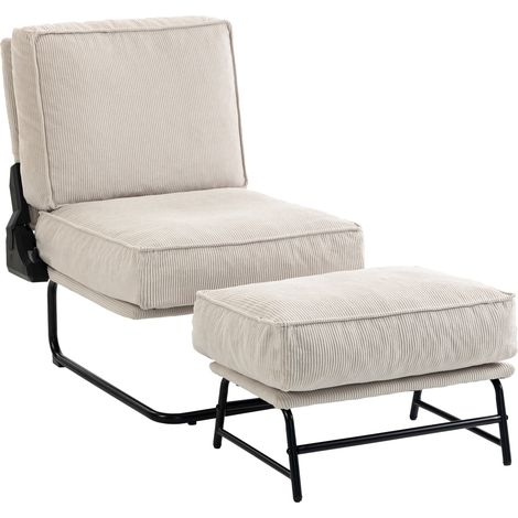 HOMCOM sillón con reposapiés, respaldo ajustable, sillón de lectura de pana con asiento ancho, acolchado grueso, estructura de acero, butaca, crema (1/5)
