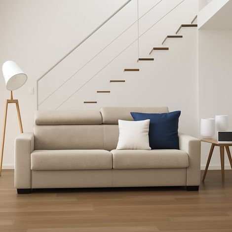 Dmora - Sofa cama Daara, Sofá de 3 plazas, 100% Made in Italy, Sofá de salón con apertura giratoria, con reposacabezas ajustables y reposabrazos delgados, Cm 200x95h85, Beige (1/5)