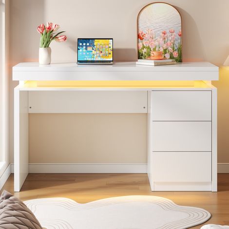 Bureau LED blanc 120x50x78,5 cm avec 3 tiroirs, plateau large et éclairage multicolore, table informatique moderne (1/5)