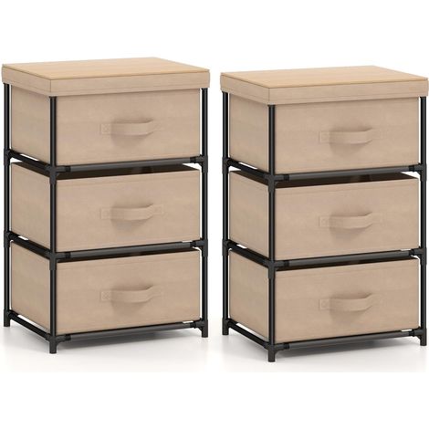 COSTWAY Table de Chevet 3 Tiroirs en Tissu Lot de 2, Cadre en métal Solide, Plateau en MDF, Tiroirs Pliables, Montage Facile, Table de Nuit pour Chambre, Salon (Brun Clair) (1/5)