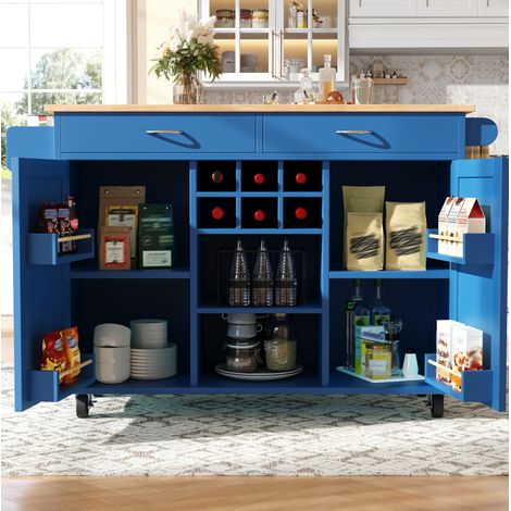 Îlot de cuisine 102x45x92 cm bleu en MDF et métal avec roulettes, rangement réglable et porte-bouteilles