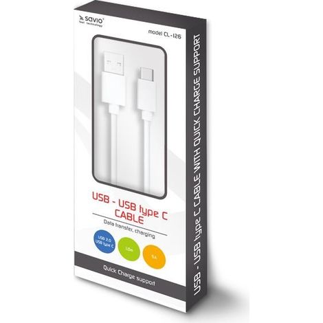 Savio USB – USB type C cable 5A. 1m CL-126 White (1/4)